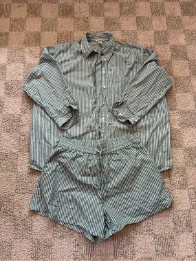 H&M Green and White Striped Button-Up Top with Matching Shorts
